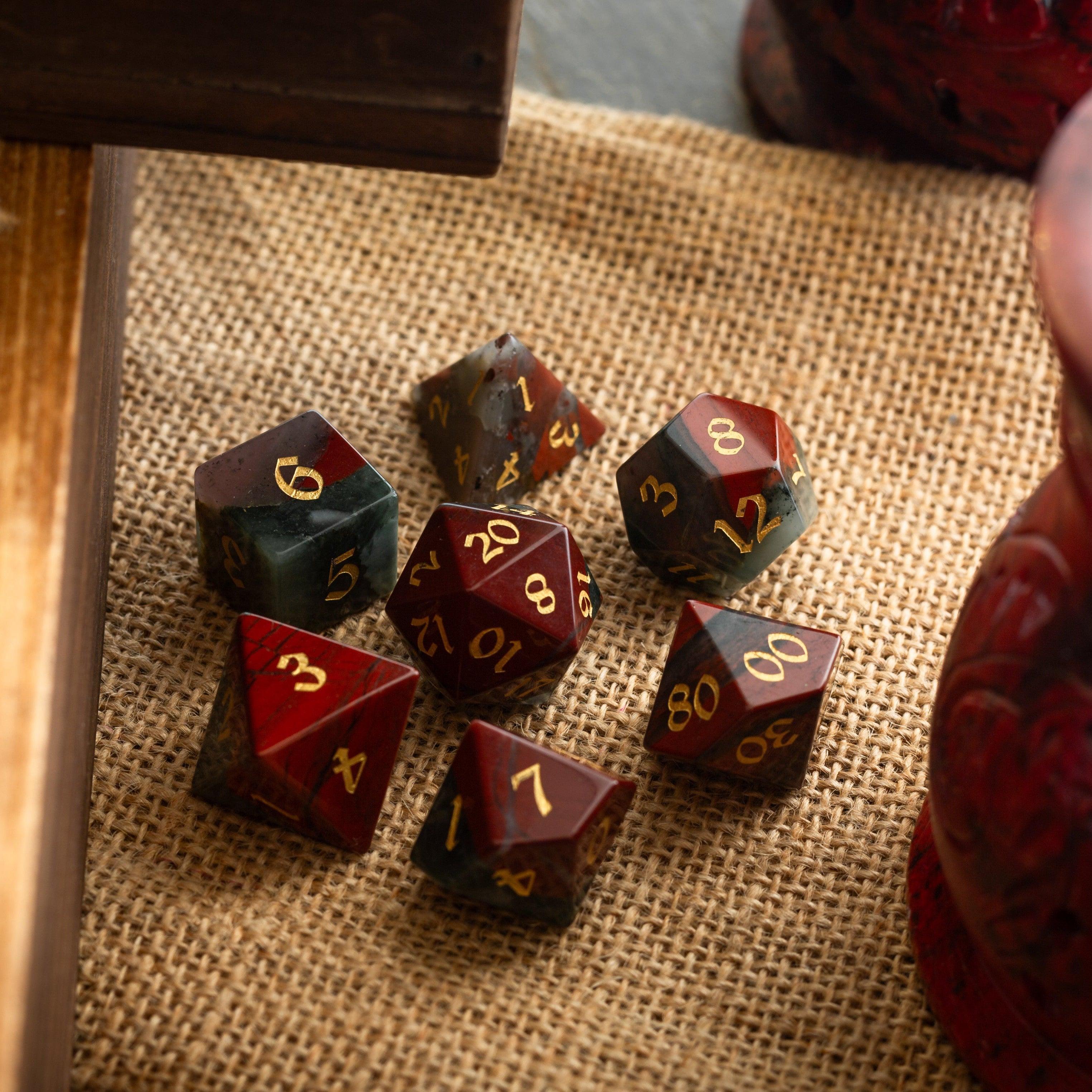 Bloodstone Hand Carved Gemstone DND Dice Set