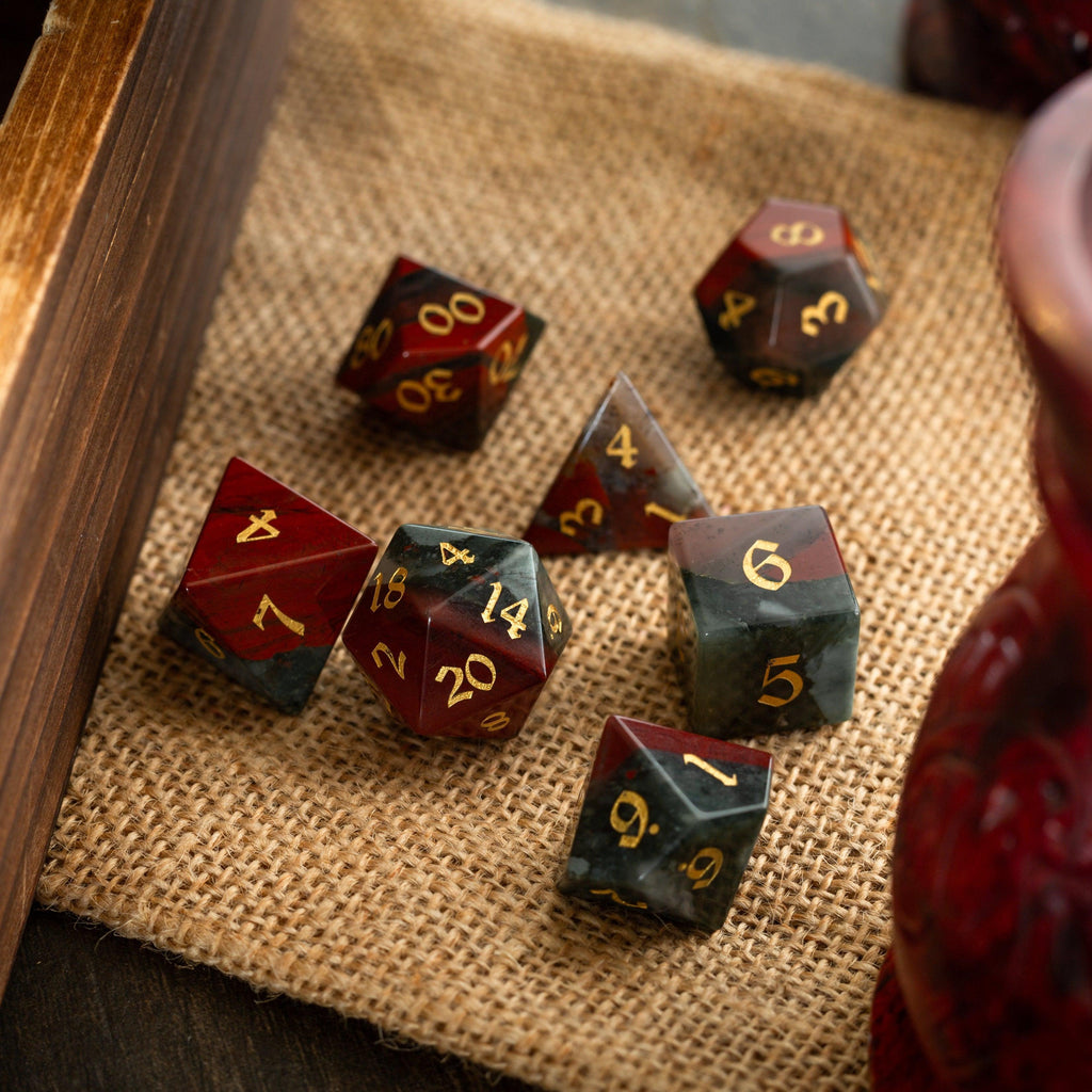 Bloodstone Hand Carved Gemstone DND Dice Set