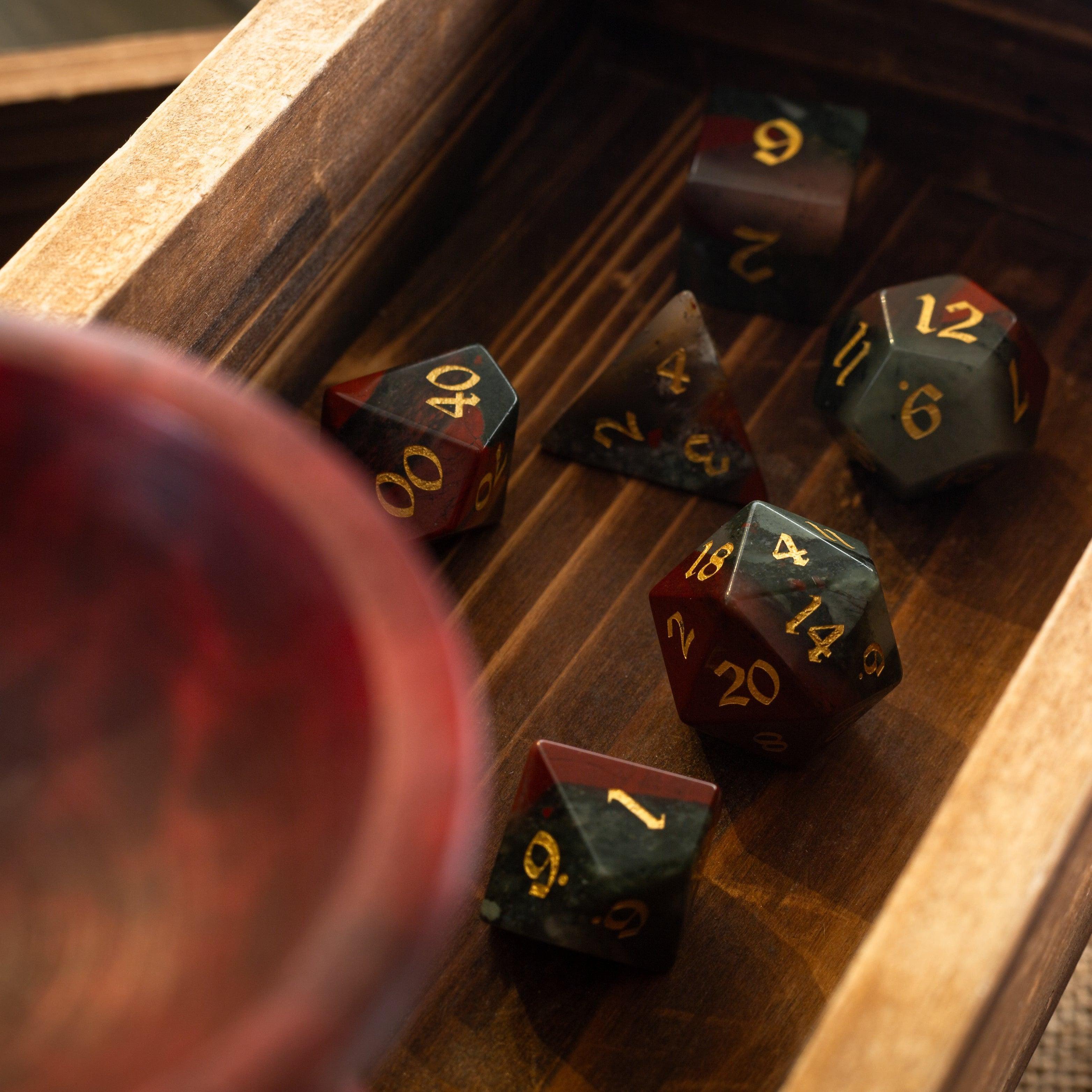 Bloodstone Hand Carved Gemstone DND Dice Set