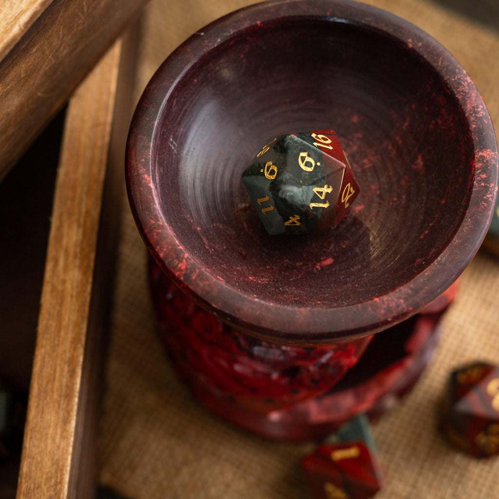 Bloodstone Hand Carved Gemstone DND Dice Set