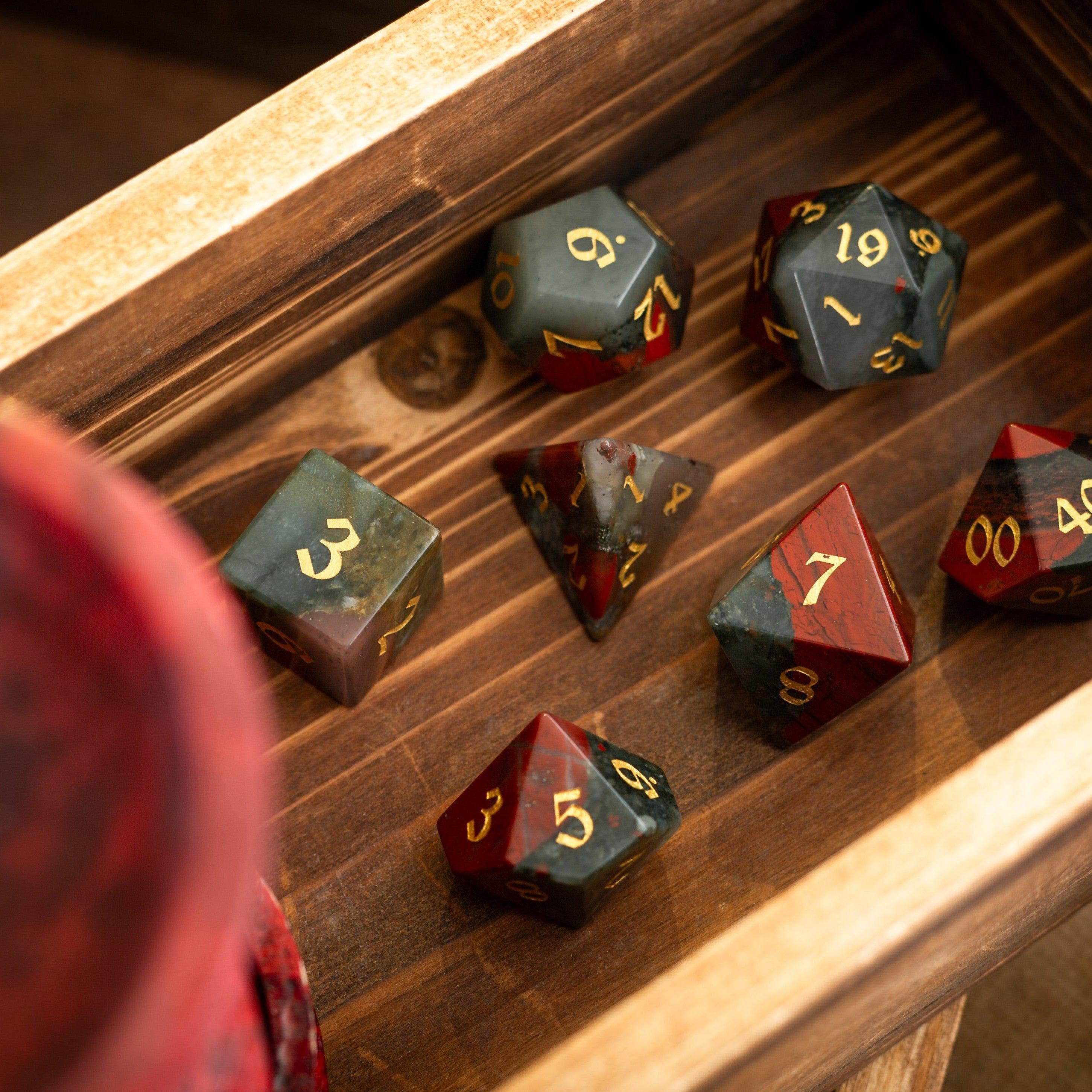 Bloodstone Hand Carved Gemstone DND Dice Set