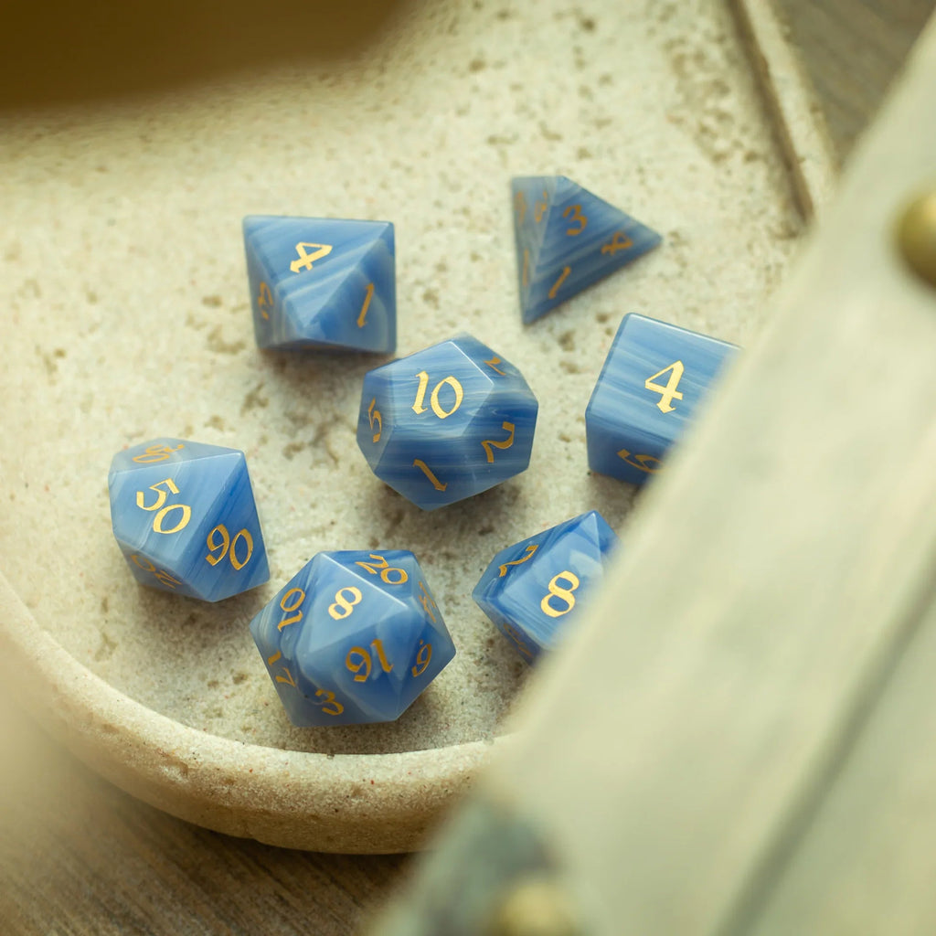Gemstone Blue Lace Agate Eye Stone Hand Carved DND Dice Set